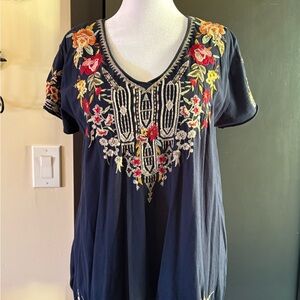 Johnny Was Navy Floral Embroidered Blouse